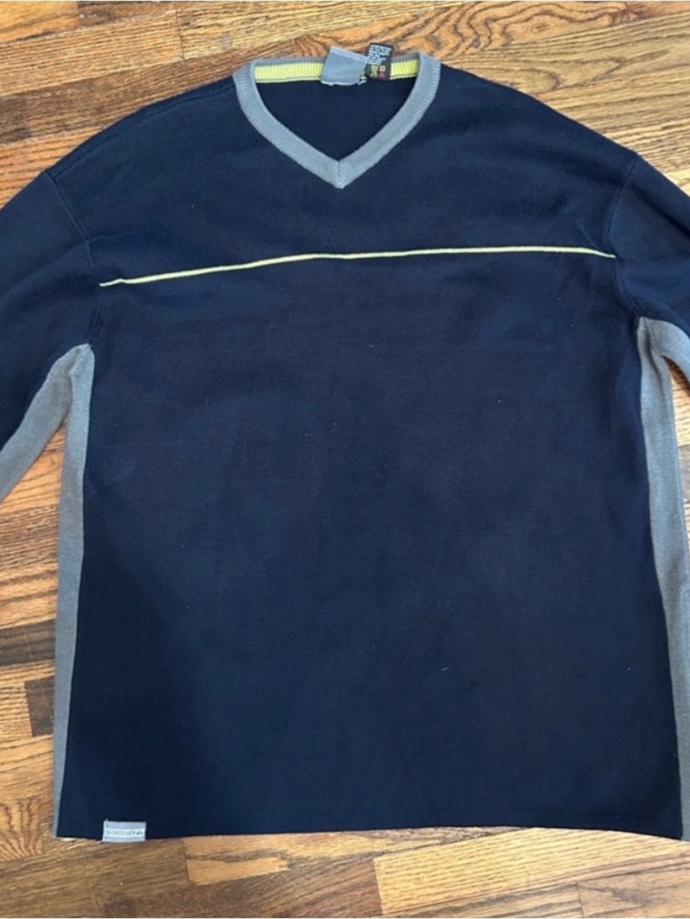 Quiksilver Men's Navy V-Neck Sweater with Gray Panels and Yellow Stripe